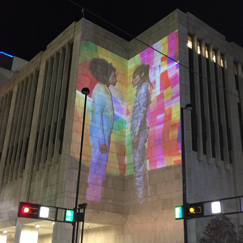 Laser projection image on a downtown building