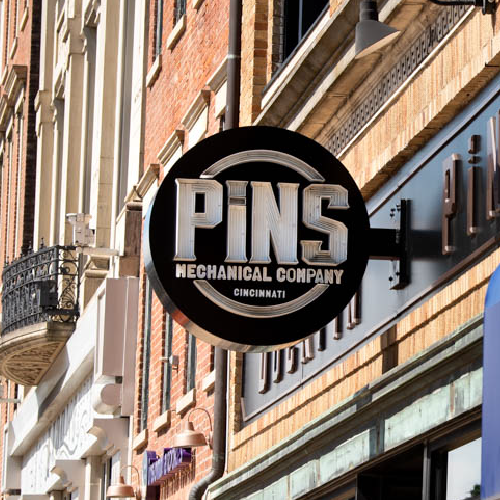 Example of effective exterior signage -- from PINS Mechanical Company in Cincinnati