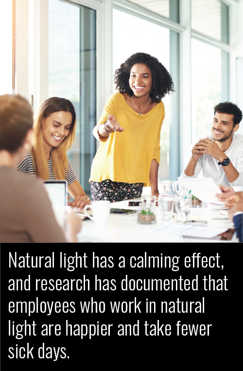 Natural light has a calming effect, and research has documented that employees who work in natural light are happier and take fewer sick days.
